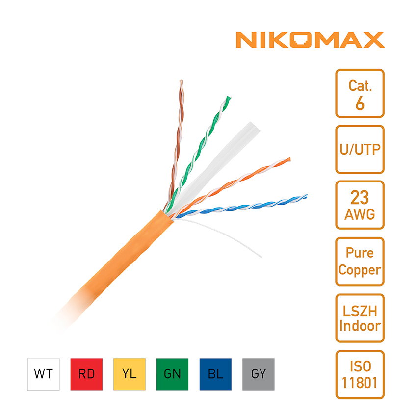 Кабель NIKOMAX NKL 4140C-xx  U/UTP, 4 пары, Кат.6, 23 AWG, внутренний, LSZH, 305м/100м, где хх-цвет