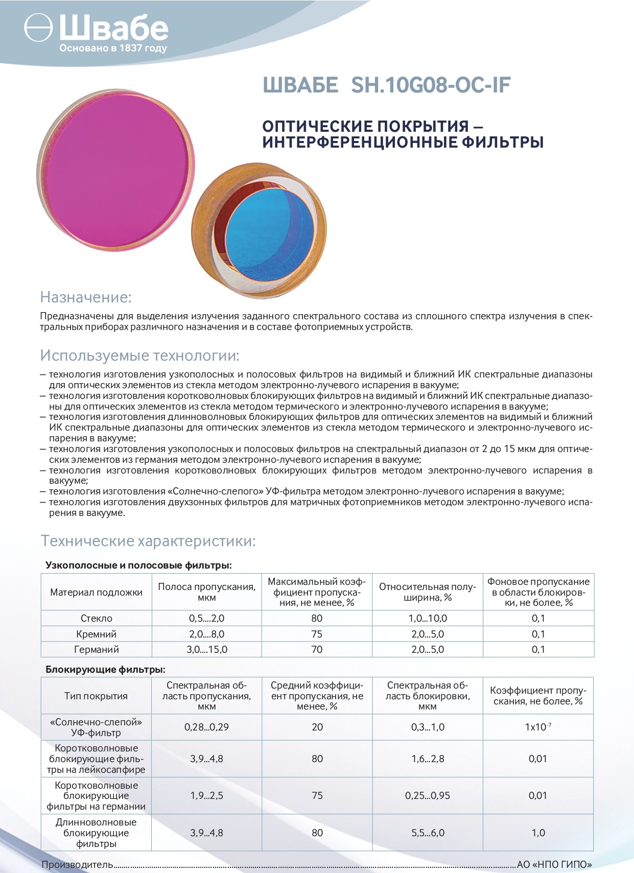 Optical coatings - interference filters